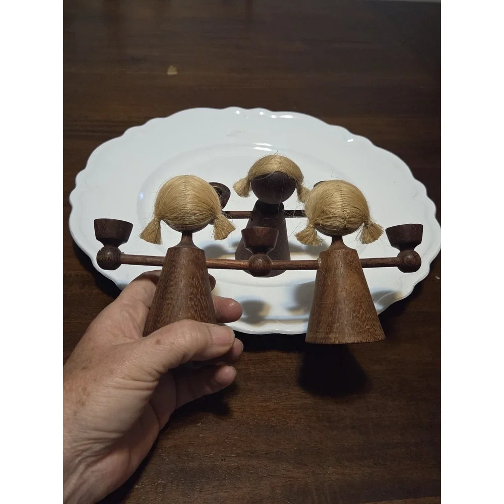 vintage Erzgebirge GDR wooden candle holder, Faceless Children
